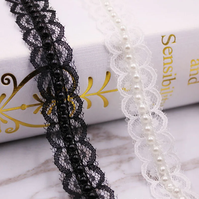 50Yards 2cm Pearl Beaded Lace Trim Vintage Mesh Fabric White Black