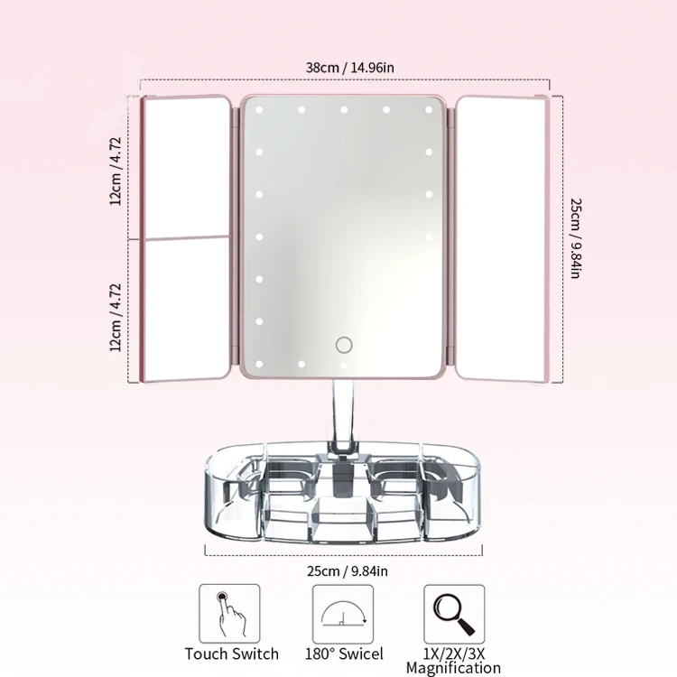  Tri-fold desktop LED makeup mirror Touch dimming on both sides / 2 times 3 times Princess mirror ta