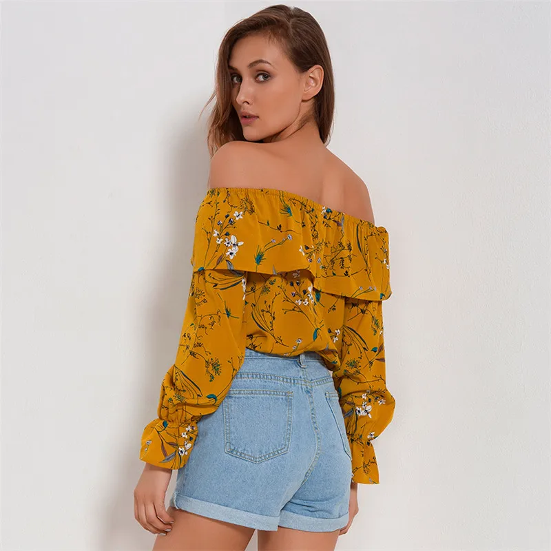 RIISDA Women Slash Neck Shirt Chiffon Print Ruffles Sleeved Blusas Casual Shirts For Womens Blouses Female Spring Summer Tops  (6)