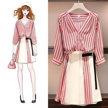 

V-neck Striped Two-piece Set Suit Sweet Lovely Playful Summer Costumes For Women Slim Fit Comfortable Skirt Set