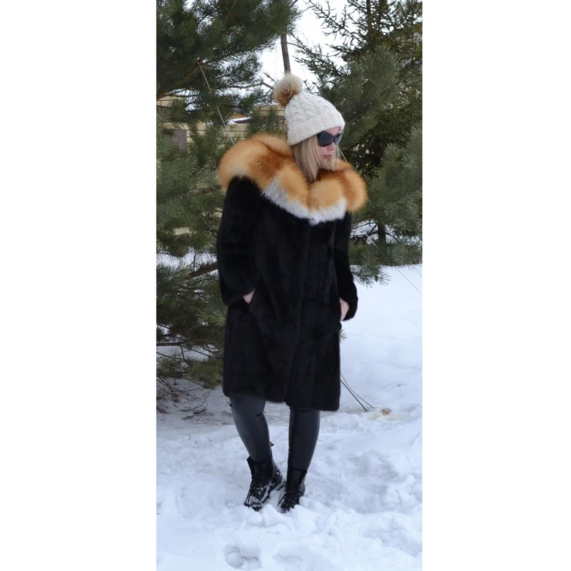 Куртка с капюшоном из меха Красной лисы Tatyana Furclub теплая черная длинная куртка