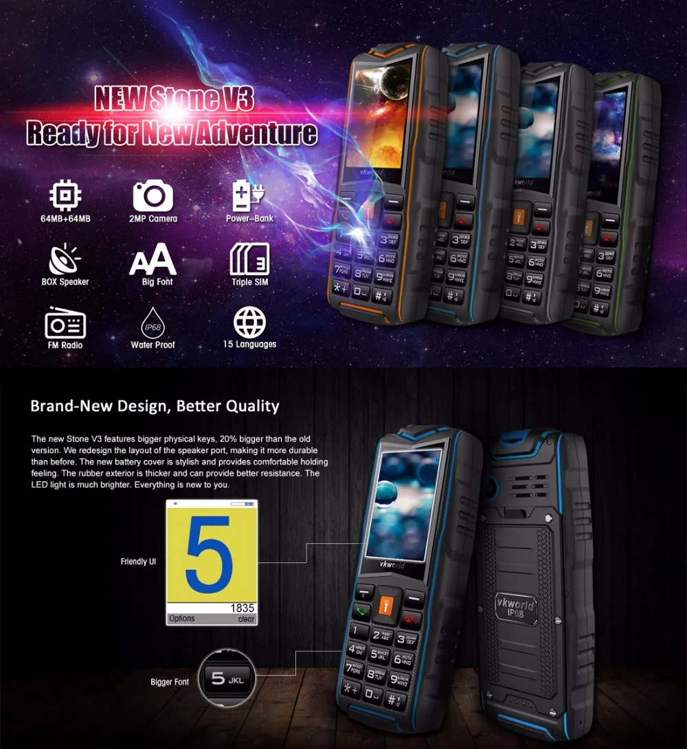 VKworld, камень, V3, мобильный телефон, водонепроницаемый, IP68, 2,4 дюймов, FM радио, 3 sim-карты, светодиодный фонарик, GSM, русская клавиатура, сотовые телефоны