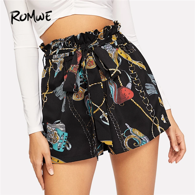 

ROMWE Paperbag Waist Chain Print Shorts Mid Waist Belted Shorts Chic Style 2019 Summer Women Elastic Waist Wide Leg Shorts