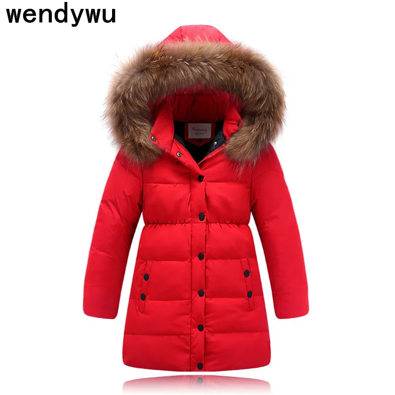 WENDYWU/Новинка года, Детский пуховик длинная плотная детская одежда большие шерстяные теплые куртки с воротником разноцветное зимнее пальто - Цвет: Красный