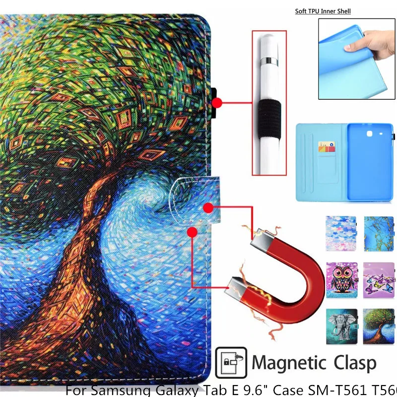 Для Samsung Galaxy Tab E 9,6 "Чехол SM-T561 T560 резиновой нескользящей подошвой стенд с рисунками для детей сова дерево мраморный ремешок из искусственной