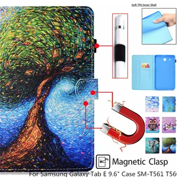

For Samsung Galaxy Tab E 9.6" Case SM-T561 T560 Cover non-slip Stand kids cartoon owl tree marble Strap PU Leather Tablet Case