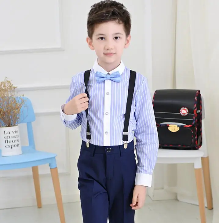 Комплекты весенней одежды для маленьких мальчиков Деловые костюмы в синюю полоску для маленьких джентльменов Комплекты одежды для мальчиков Наборы свадебной одежды(брюки+рубашка+подтяжки+галстук