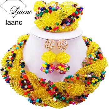 

12 Rows Fashionable Yellow Multicolour Crystal Plait African Beaded Jewelry Set Nigerian Necklace Wedding Jewelry Sets 12BZ025