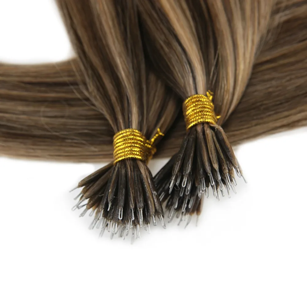 Moresoo 16-22inch Micro Nano Ring Hair Extensions Human Hair Brown #4 Highlights with #27 Blonde Pre Bonded 50 Strands 40g