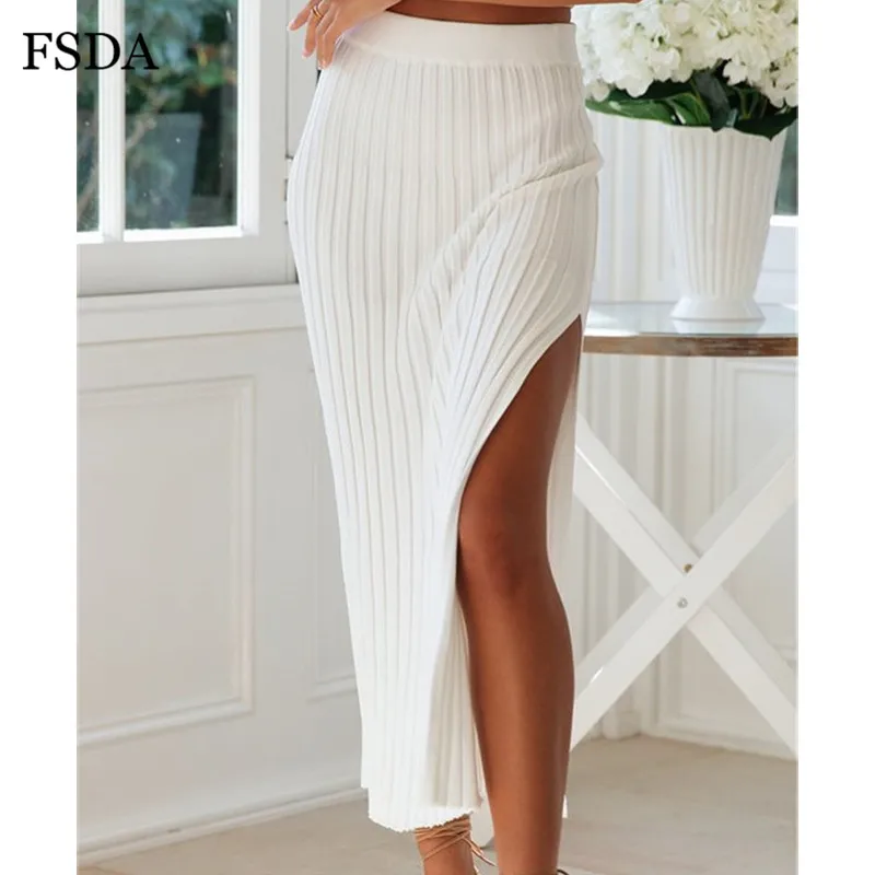 FSDA Side Slit Bodycon Skirt Sexy Cotton Casual Side Sexy Long White Office Women Spring Split Elegant Summer Midi Skirts - Цвет: Белый