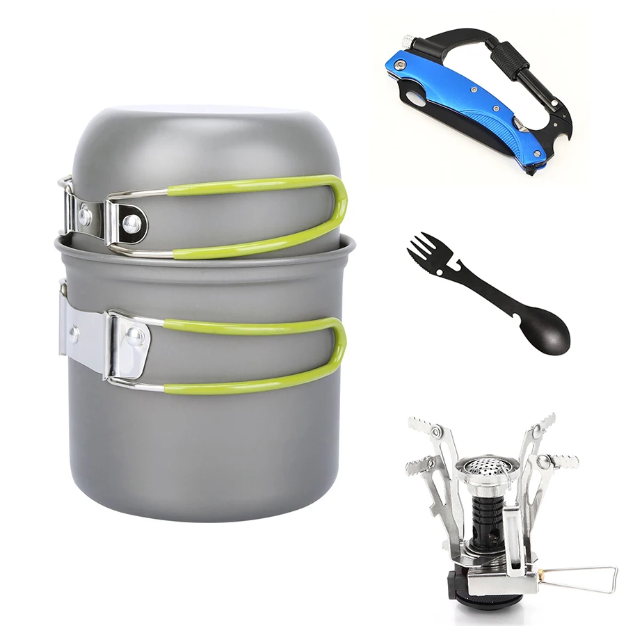 

Ultralight Outdoor Hiking Camping Cookware Set Portable Cooking Tableware Picnic Set Pot Pans with Gas Stove Carabiner Knife