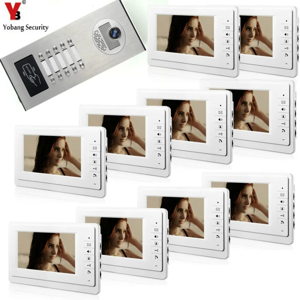 

Yobang Security Visual Intercom Doorbell New Wired 7"LCD Monitor Waterproof RFID Camera White Monitors For 10 Units Apartment