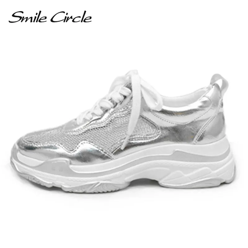 

Smile Circle 2018 Spring Women Sneakers Fashion Breathable Casual Shoes For Women Lace-up Flat Platform Shoes White Silver