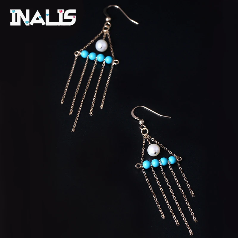 

INALIS New Statement Luxurious Ear Hook S925 Sterling Silver Inlay Natural Pearl with Turquoise Chain Tassel Dangle Drop Earring