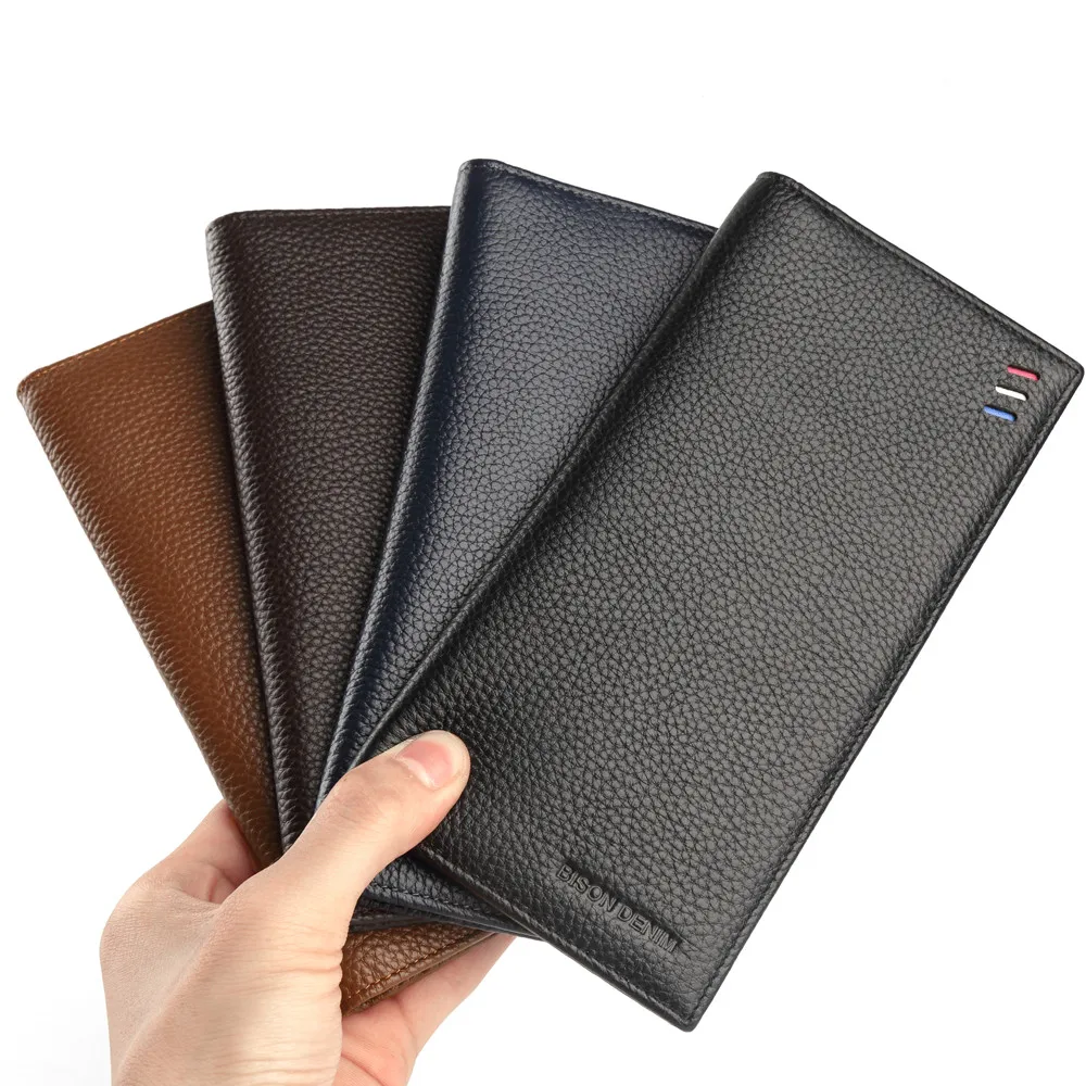 Мужской тонкий бумажник BISON DENIM черный роскошный длинный клатч из натуральной