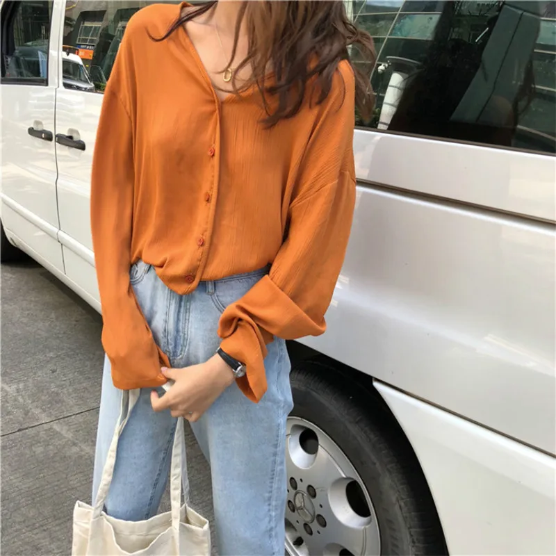 

Chic Autumn Retro Chiffon Blouse Shirts Women Harajuku Turn-down Collar Solid Shirt Female Lightsoft Sweet Blusas