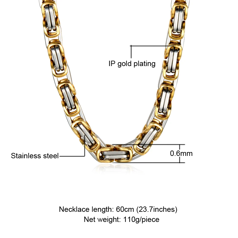 Хип хоп золото серебристый, черный византийский коробка цепи цепочки и ожерелья для мужчин 6 мм 8 60 см Титан Нержавеющая сталь рок ювелирн - Окраска металла: 6mm Gold