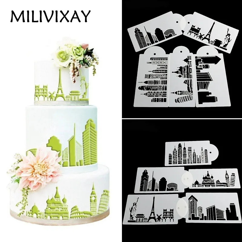 

MILIVIXAY 1Set City View Multi-functional Embossing Stencil Cake Mold Baking Tools Cookie Coffee Biscuit Stencil Mold