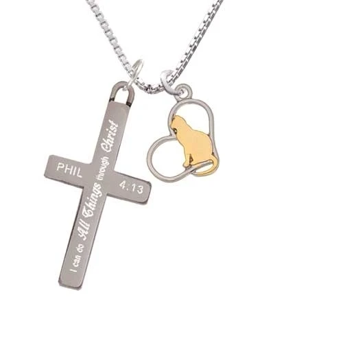 Two Tone Cat Silhouette Heart - I Can Do All Things - Cross Necklace (1)