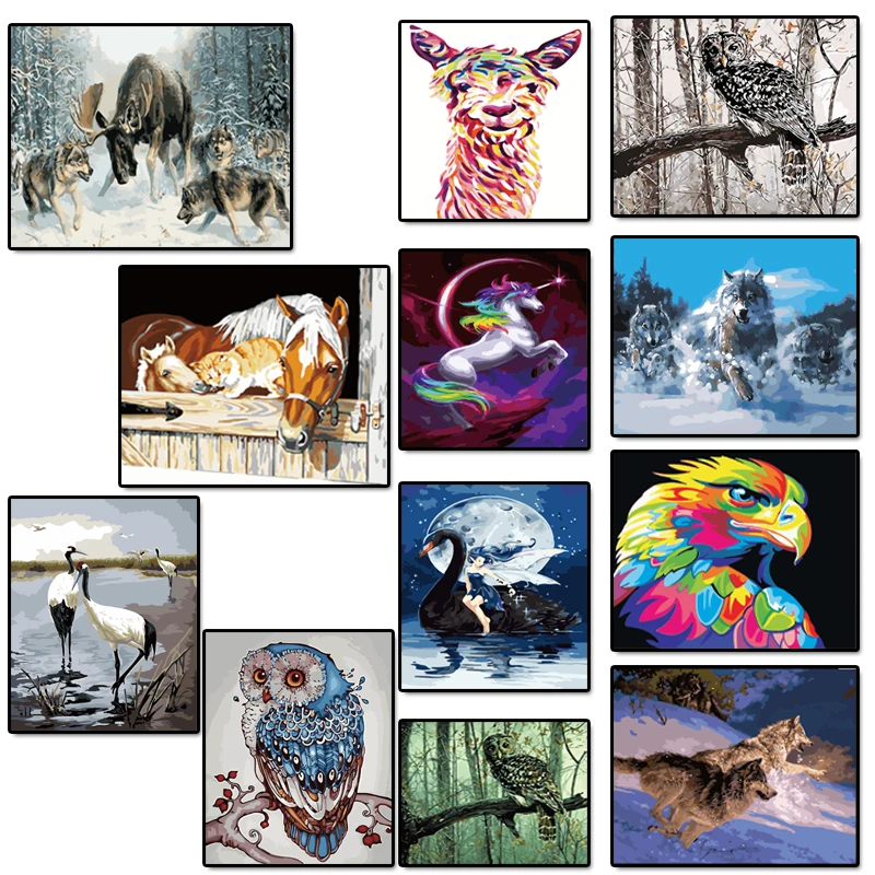 

Frameless Pictures Painting By Numbers with animals kits owl horse deer wolf Handpainted On Canvas DIY Oil Painting By Number