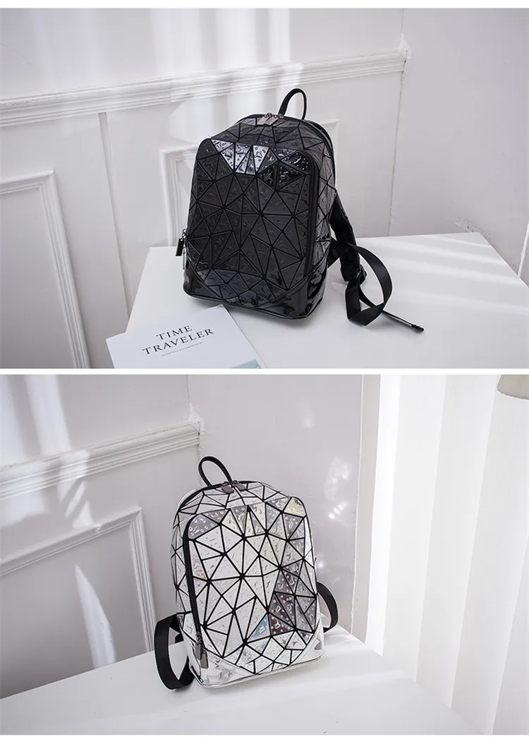 Лазерный голографический женский рюкзак для студентов, Геометрическая ромбовидная решетка, сумка для книг, Модный Блестящий ПВХ материал, дорожные сумки через плечо