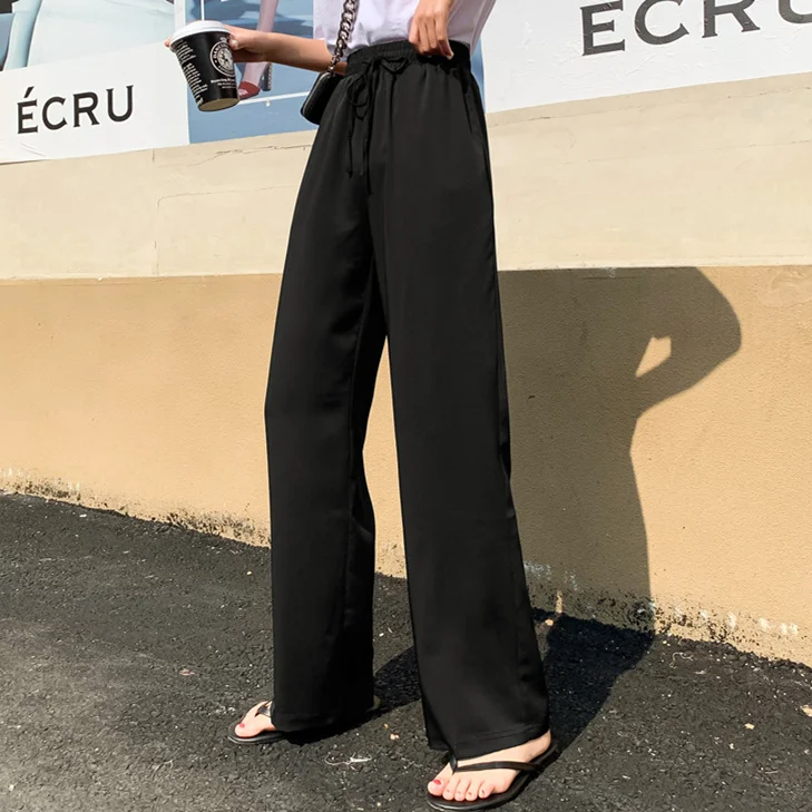Women Chiffon Pants Summer 2019 Korean Style Casual Loose Drawstring Elastic Waist Wide Leg Pants Yellow Mint Green Black B313