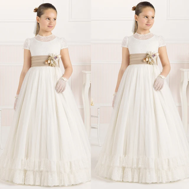 Cheap New Little Girls Party Dresses Crew Neckline Lace Sheer Tulle Hand Made Flowers Short Sleeve Little Flower Girls Dresses 2016