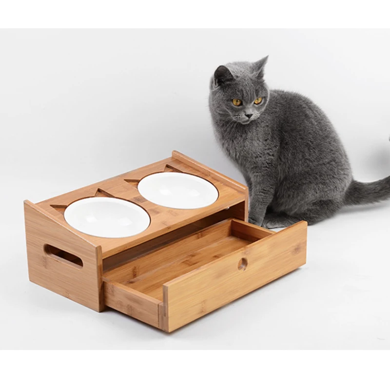 

Bamboo Elevated cat Dog Bowl Standing Ceramic Bowls small puppy Dogs drinking water food Raised ceramic bowl pet dinner table