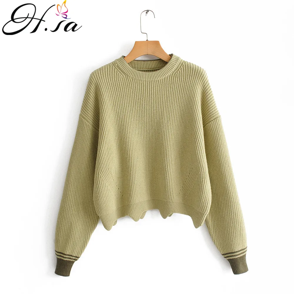 

H.SA Women Irregular Crop Sweater and Pullovers Wave Hem Long Sleeve Knit Sweater Jumper Green Beige 2019 Korean casaco feminino