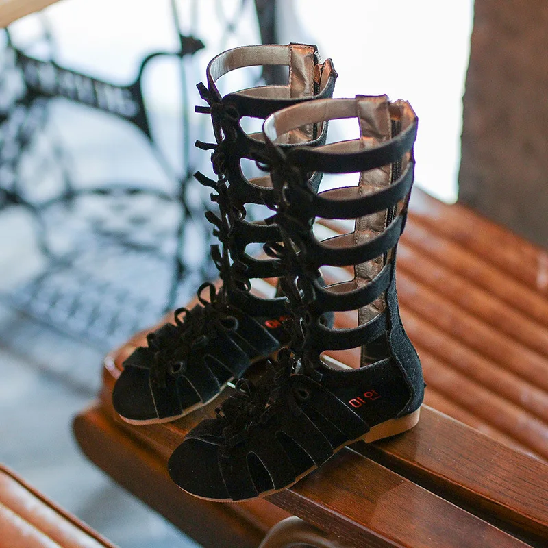 

2019 summer baby girls gladiator sandals suede leather toddler girl Gladiators mid-calf genuine leather sandal boot zipper black