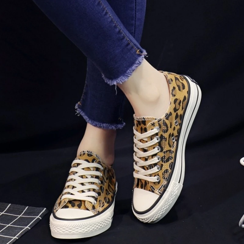 SJJH Women Canvas Leopard Sneakers High Low Top Comfortable Shoes Vulcanize Flats Casual Chaussure Lace-up Ladies Footwear D004