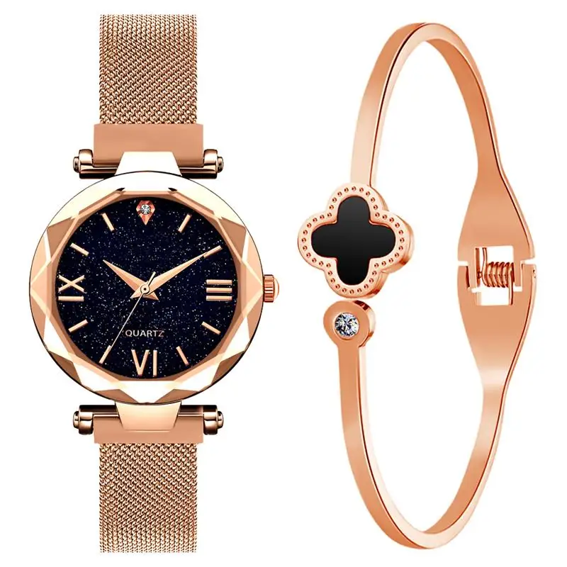 

Watch Bangle Set Fashion Women Rose Gold Magnet Mesh Band Stainless Steel Quartz Wristwatch Ladies Diamond Watches Roman Number
