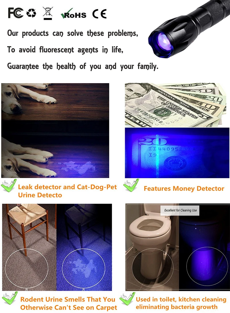 Ультрафиолетовый светодиодный фонарик нм Ультрафиолетовый фонарь Невидимый масштабируемый фонарь для домашних животных, охотничий маркер для проверки
