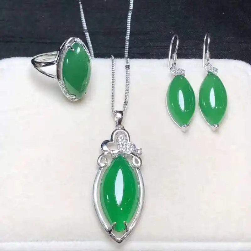 

2020 Jewelry Sets Joyas Necklace Set Wholesale Natural Chrysoprase Three-piece S925 Inlaid Agate Rings Earrings Pendants For