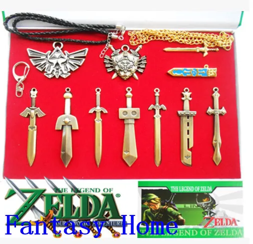 2014 Real Brinquedos Shipping 10 Pcs/set The Legend of Zelda Weapons Link Skyward Sword / Triforce Zinc Alloy Necklace Keychains