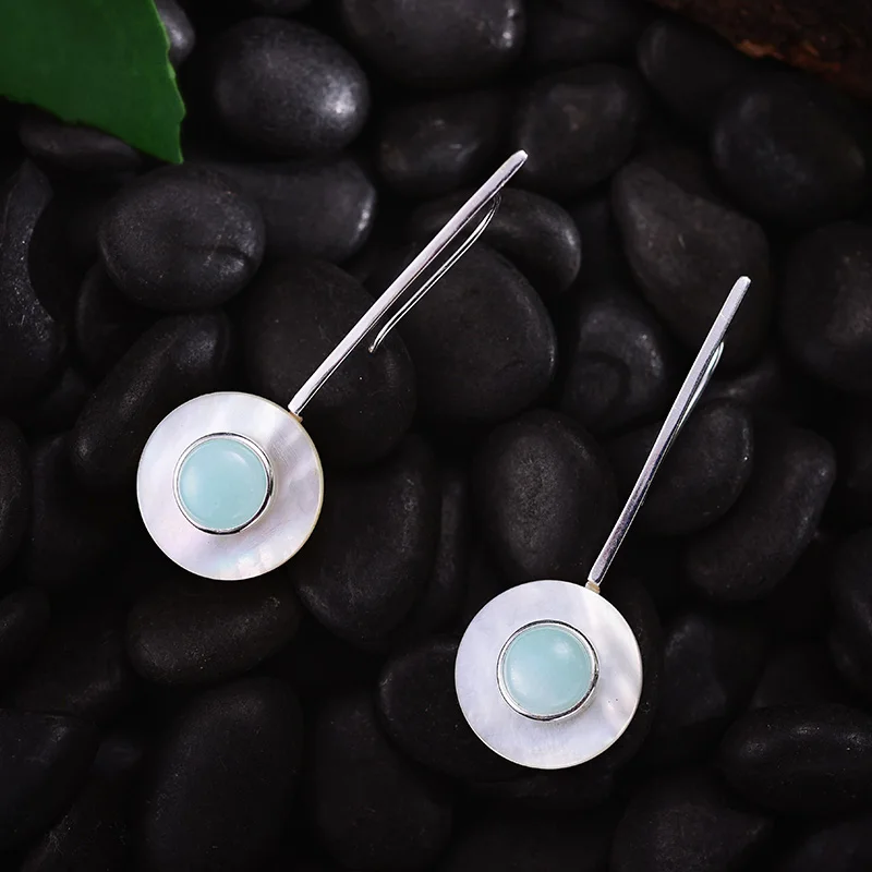 Lotus Fun 925 Sterling Silver Earrings for Women Round Amazonite Hook Drop Dangling Earring long earings fashion jewelry 2018