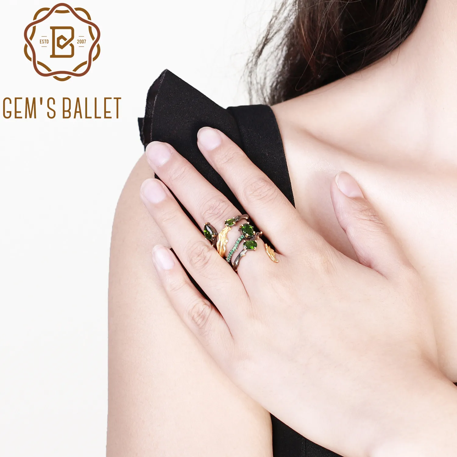 

GEM'S BALLET 925 Sterling Sliver Leaf Band Rings For Women 2.57Ct Natural Chrome Diopside Gemstone Finger Ring Fine Jewelry