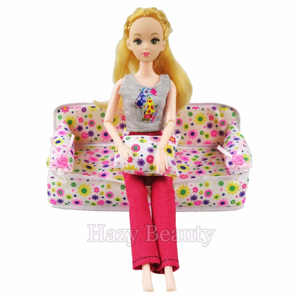 Милый Миниатюрный Кукольный дом мебель цветок ткань диван с 2 подушки для куклы аксессуары детский игровой дом игрушки для Барби