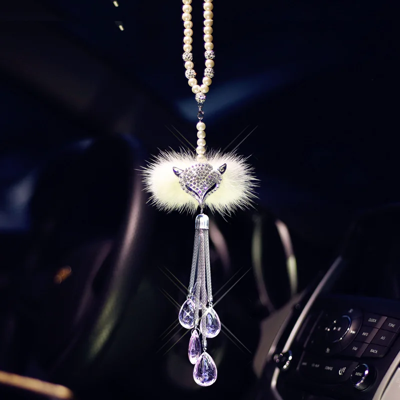 

Car Rearview Mirror Ornaments Pearl Fox Head Alloy Diamond Pendant Fox Hair Car Pendant Diamond Creative Decoration Gift