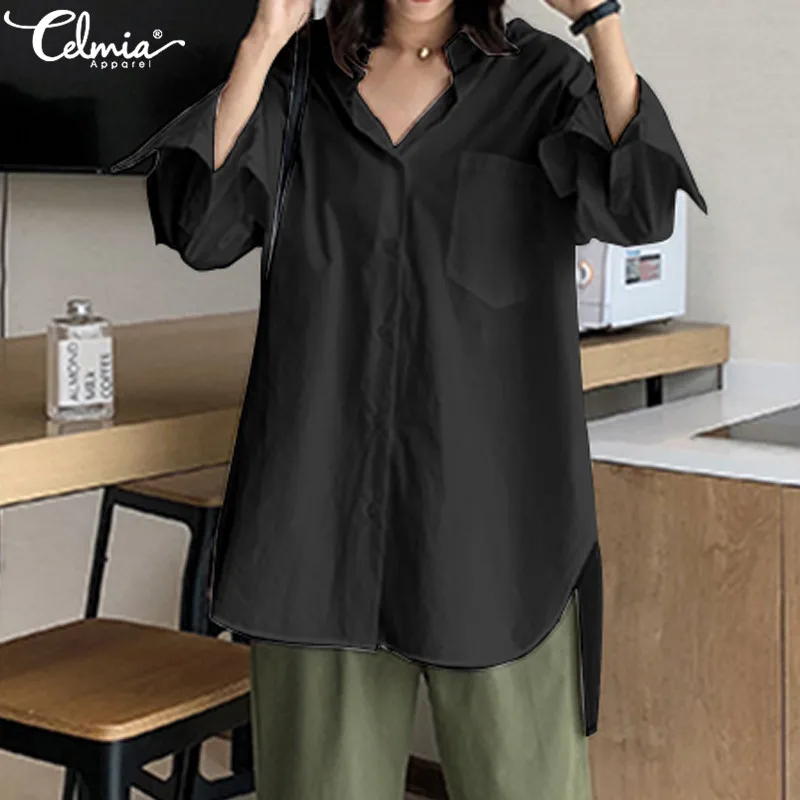 

2019 Autumn Celmia Women Long Sleeve Tops Shirts Casual Turn-down Collar Loose Solid Buttons Blouse Ladies Pleated Chic Blusas