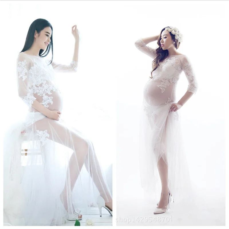 

Maternity Lace White Dress Pregnant Photography Props Fairy Trailing Pregnancy maternity photo shoot Mexi dresses Nightdress