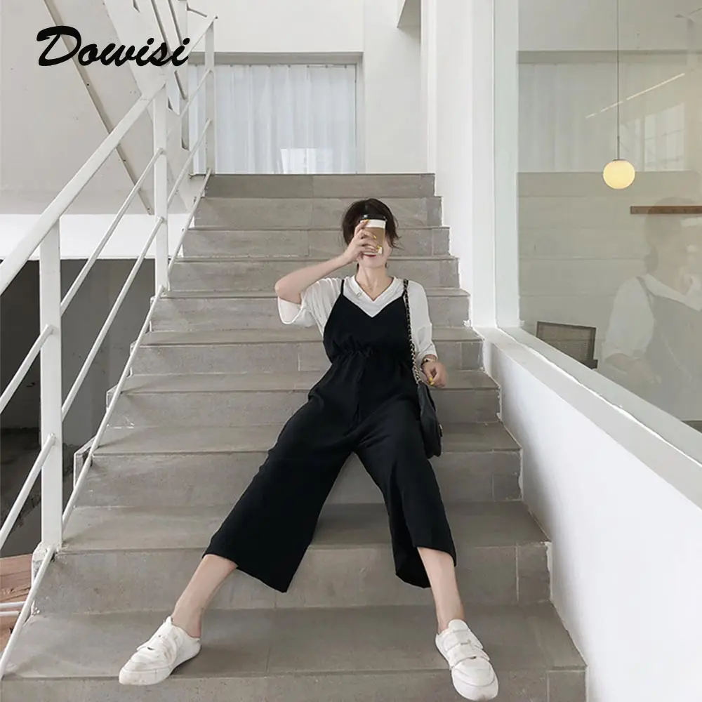

Dowisi Summer Jumpsuits Female 2019 New Loose Rompers + Solid T Shirt Tops Womens Black Overalls Long Length Pants Two Piece Set
