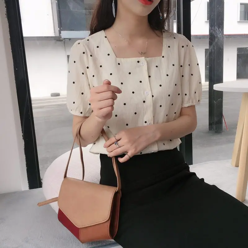 Корейская шикарная простая Милая Повседневная Женская универсальная элегантная Свободная рубашка в горошек с короткими рукавами