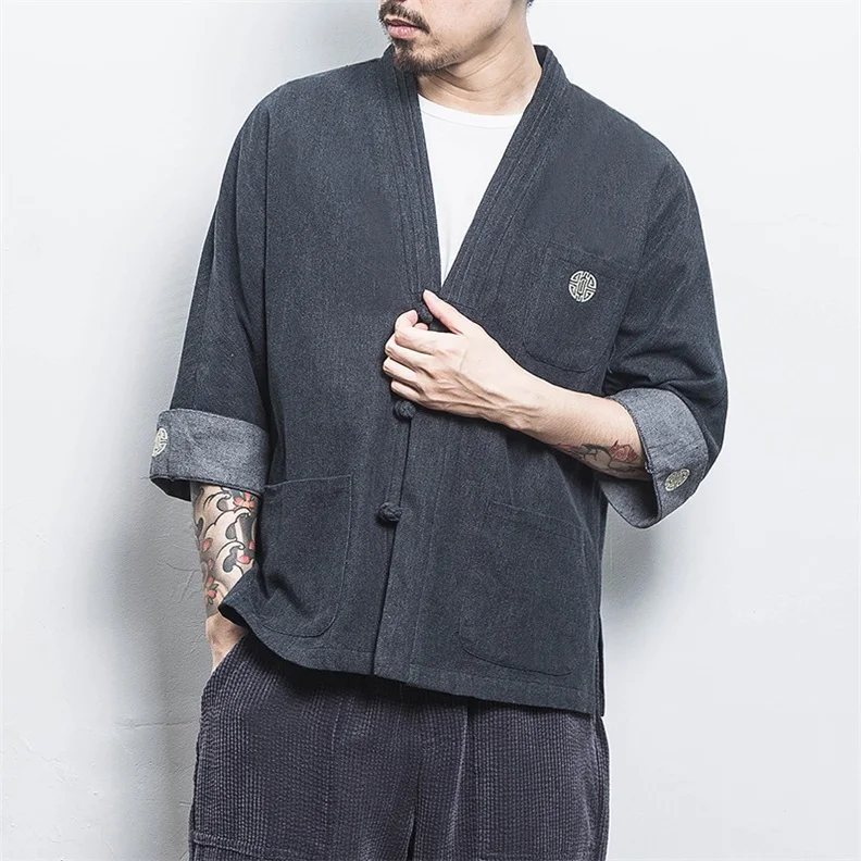 MRDONOO китайский стиль хлопковое Кимоно Кардиган для мужчин винтажная Повседневная джинсовая куртка пальто мужской уличный плюс размер A032-KS001 - Цвет: Черный