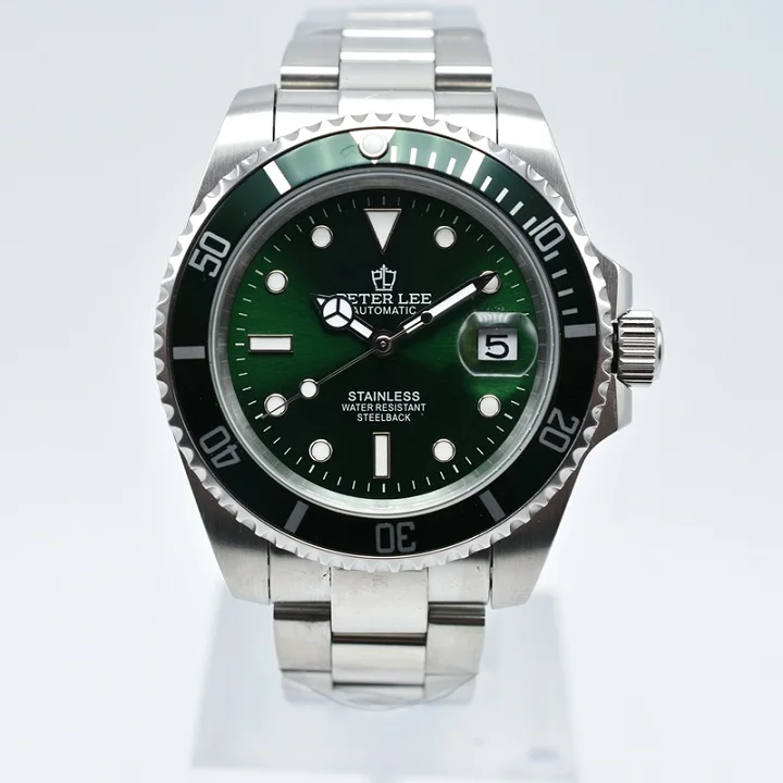 Питер ли роскошный бренд циферблат 40 мм часы классические мужские автоматические мужские механические часы бизнес черный полный стальной водонепроницаемый наручные часы - Цвет: Зеленый
