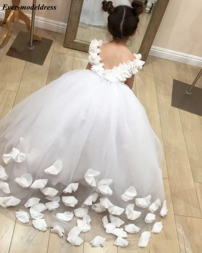 Chic White First Holy Communion Dresses Appliques Ball Gowns Flower Girls Dresses For Wedding With Hand Made Flowers