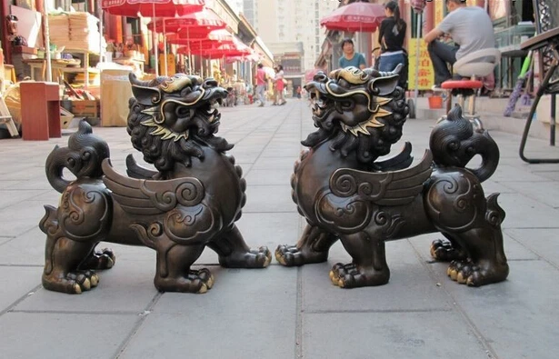 

shitou 002034 China Bronze Foo Dog Lion Dragon Kirin kylin Unicorn Classic Palace statue Pair discount 30% (C0324)