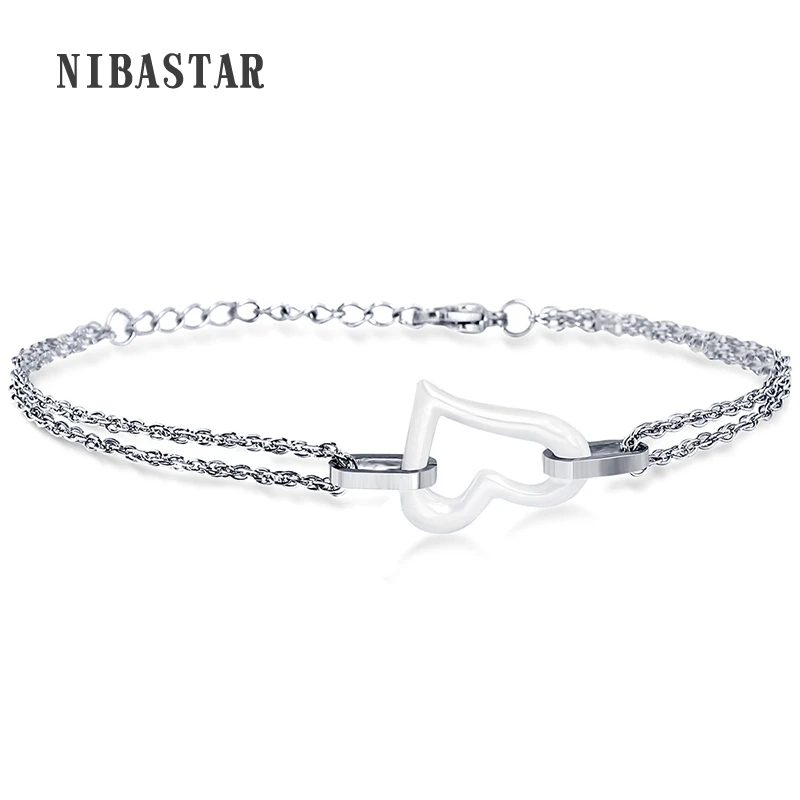 

New Fashion Women Chain Bracelet White/Black Ceramic Heart Bracelet With Stainless Steel Chain Pulsera Jewelry
