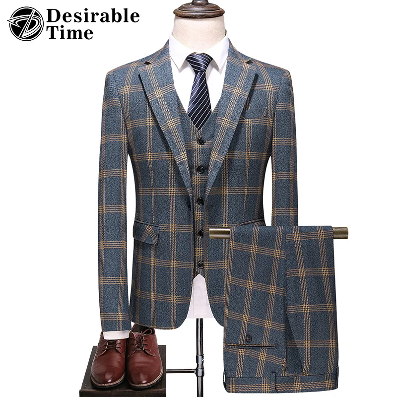 Men's Plaid Suits With Pants Autumn New Arrival Men 3 Piece Classic