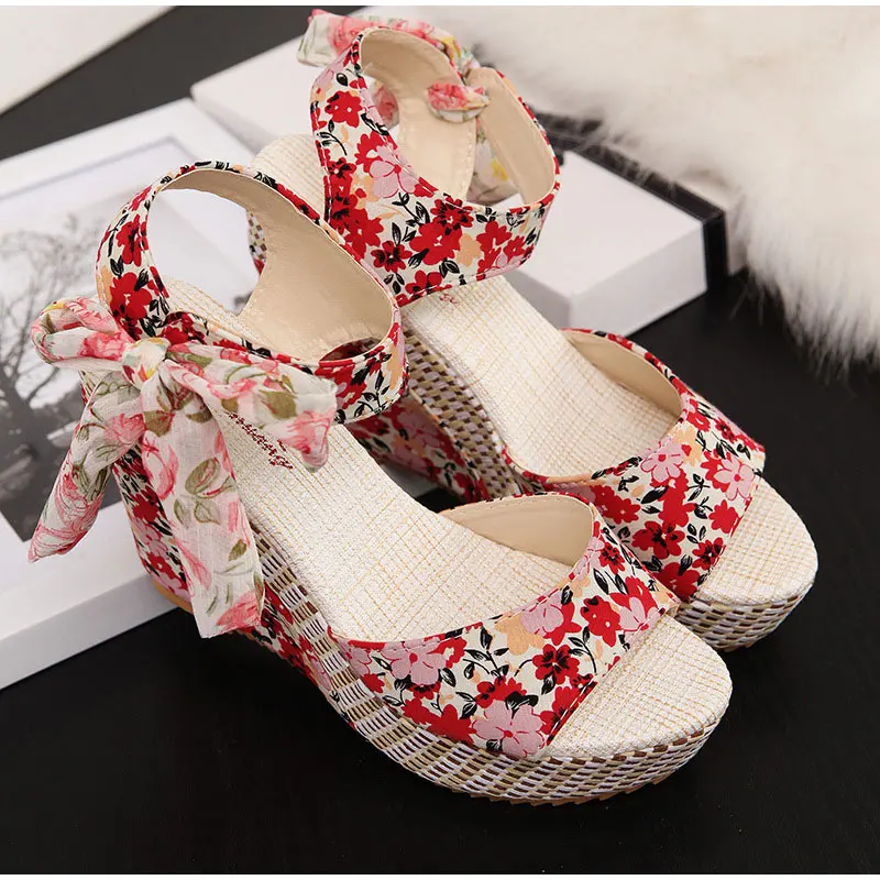 Women Wedge Sandals Open Toe Floral Bowknot